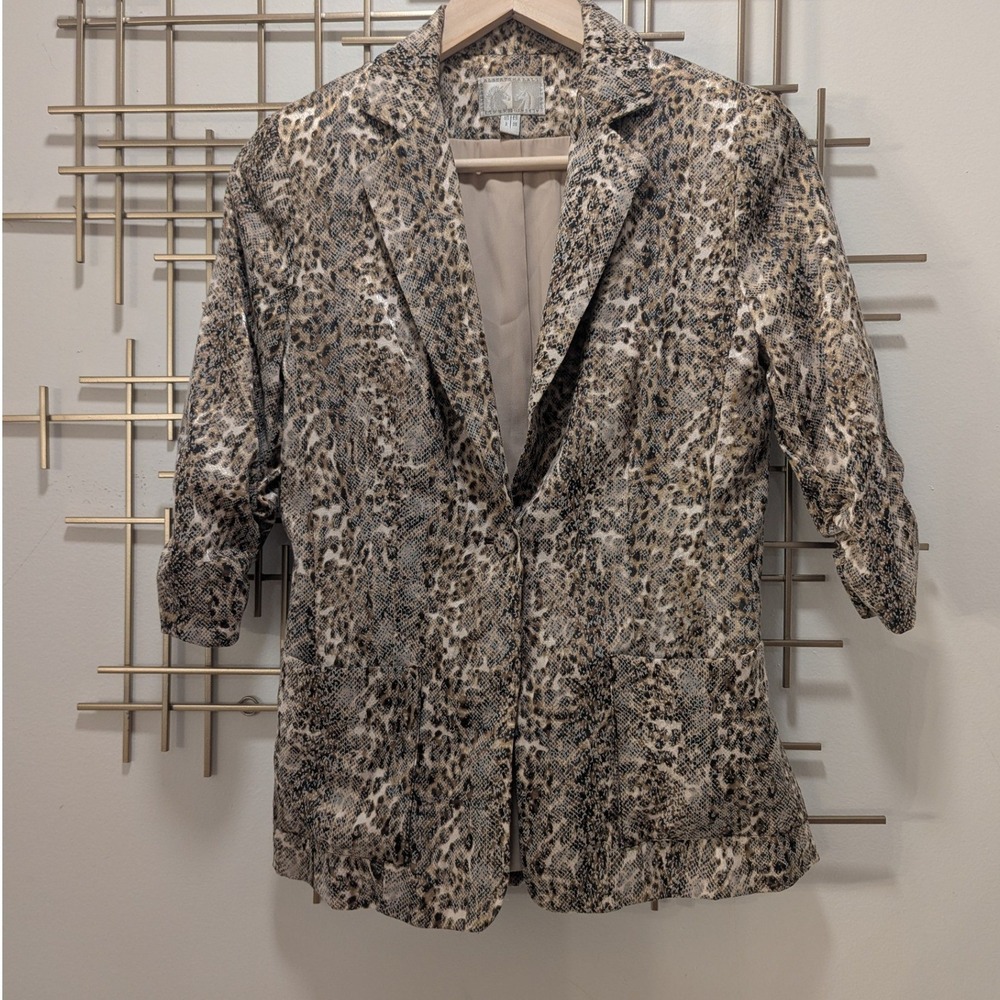 Y2K‎ Alberto Makali Animal Print Blazer Jacket 3/4 Ruched Sleeve Single Button